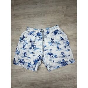 Michaels Mens XL Swim Trunks Blue White Octopus Print Mesh Lined Beach Shorts